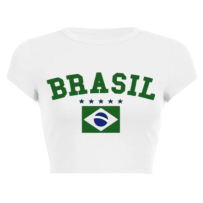 Five-star Brazil Print T-shirt Women's Summer Streetwear Vintage Casual Short Sleeve Y2k Clothes Aesthetic Crop Top Grunge Tees