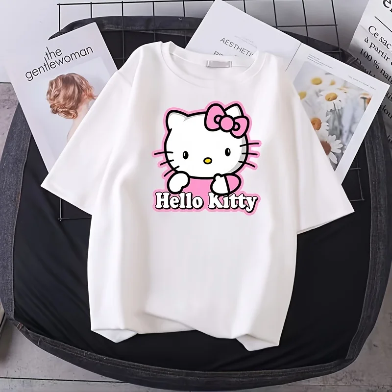 

Sanrio Hello Kitty, женская рубашка с милым мультяшным узором, женская повседневная модная модная свободная футболка с короткими рукавами «сделай сам»