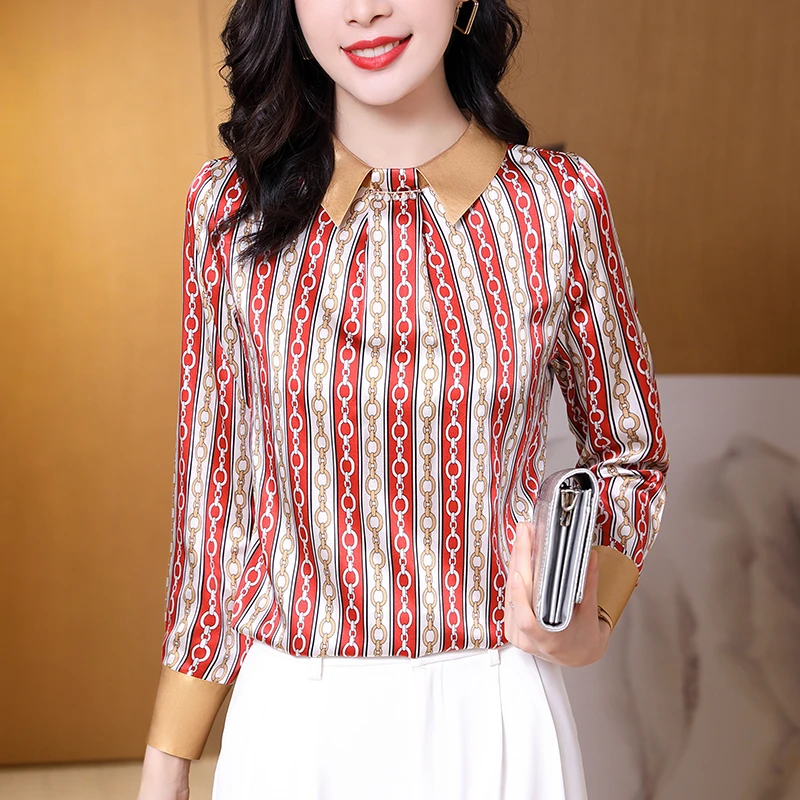 

Real Silk Fashion Blouses For Women Elegant Shirts Long Sleeve Women's Print Blouse Tops 2024 Spring Summer Office Lady Shirt