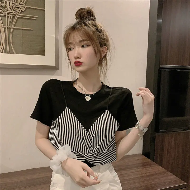 Striped T Shirt Korean Tops Aesthetic Short Sleeve Casual Fashion Women\'s T-shirt Summer Clothes Loose Pulovers Elegant White Xl