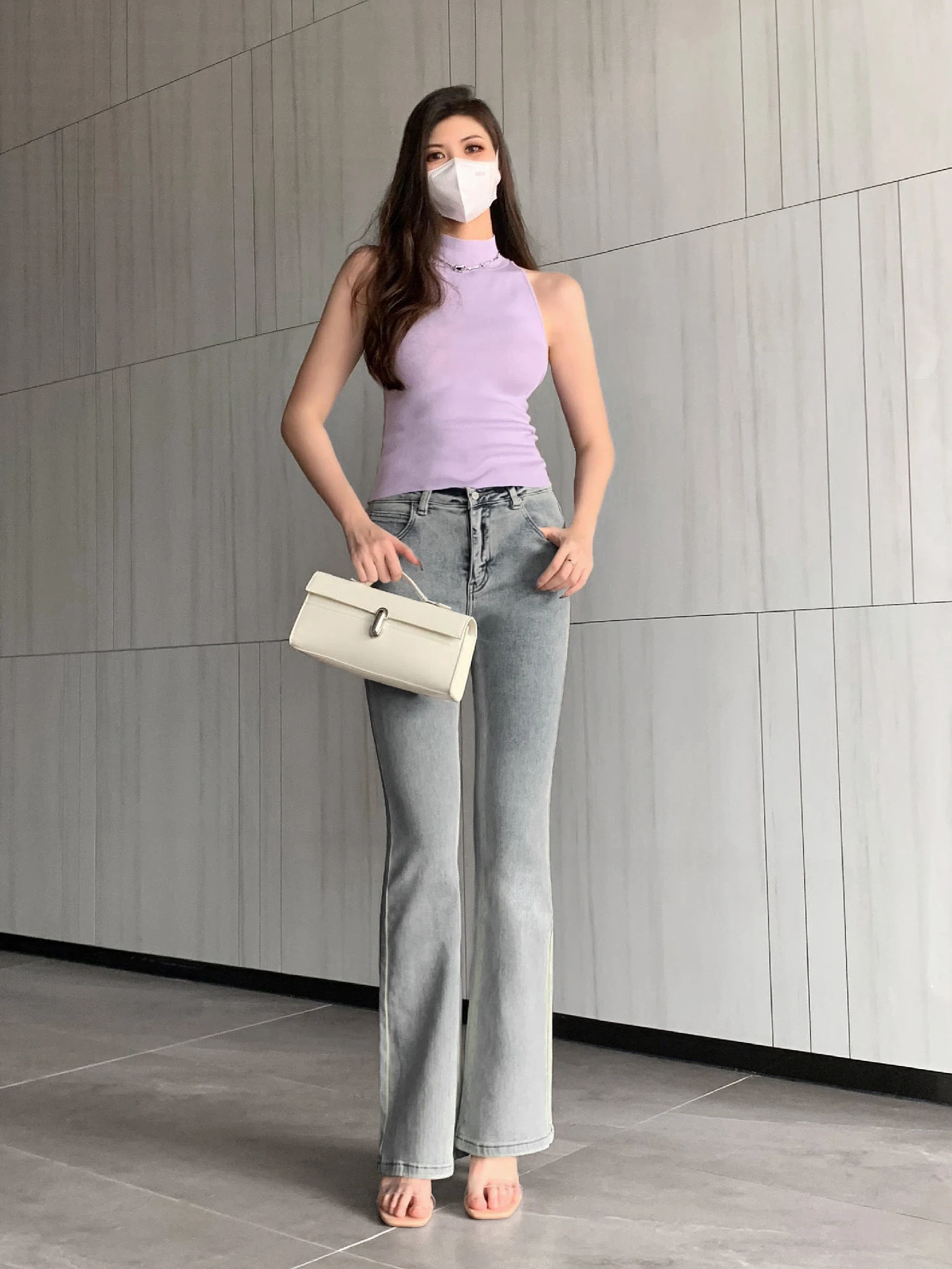 BLUE-GRAY PANTS JEANS FOR WOMEN Y2K WASH HIGH-WAISTED SKINNY FLARED JEANS-FORGUNROSES