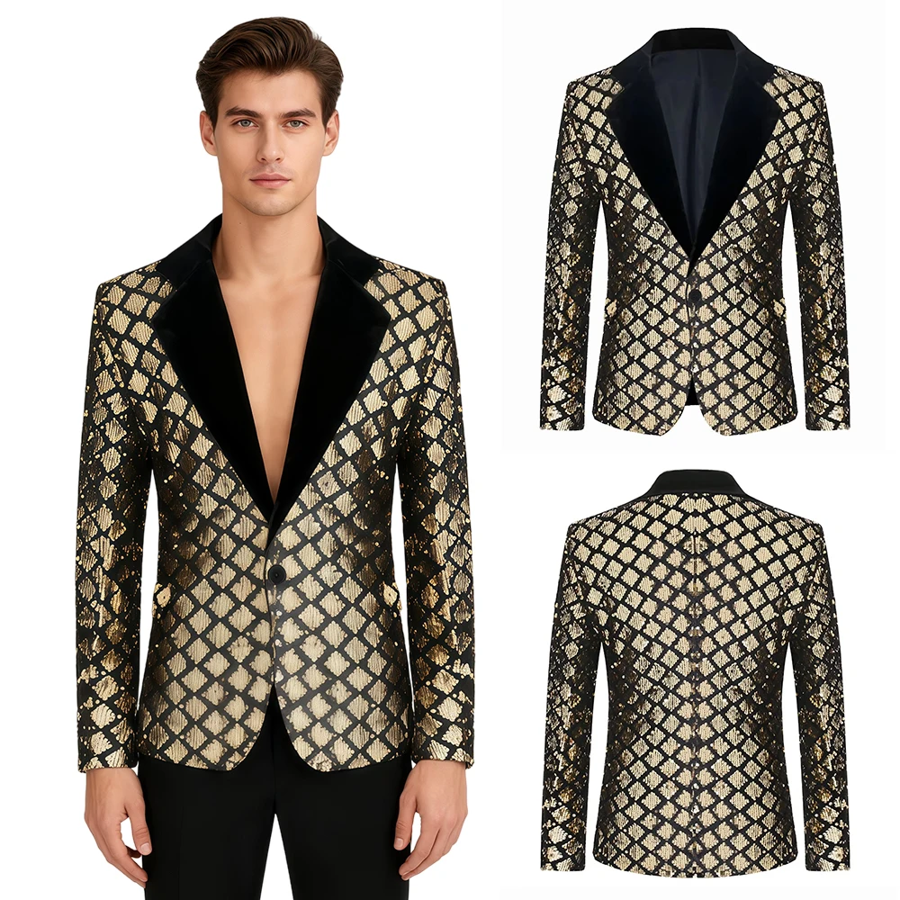 Модный мужской роскошный клетчатый пиджак с блестками, повседневный пиджак для выступлений на сцене, мужское пальто, топ с длинными рукавами