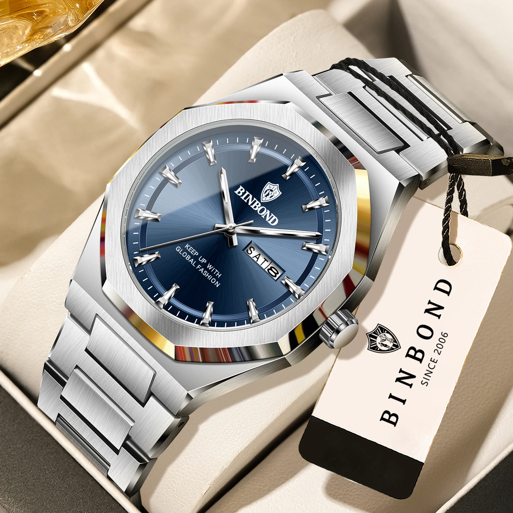 Relojes de cuarzo de lujo BINBOND para hombre, luminosos, impermeables, con fecha automática, indicador de día de la semana, reloj de pulsera deportivo y de negocios para hombre.