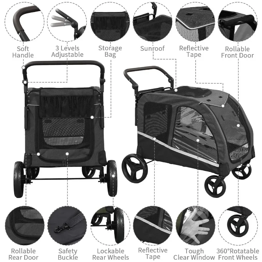 Dog Stroller for Large Dogs Extra Large Pet Stroller for Medium Dogs Dog Wagon Carriage Foldable Design Adjustable Handle with