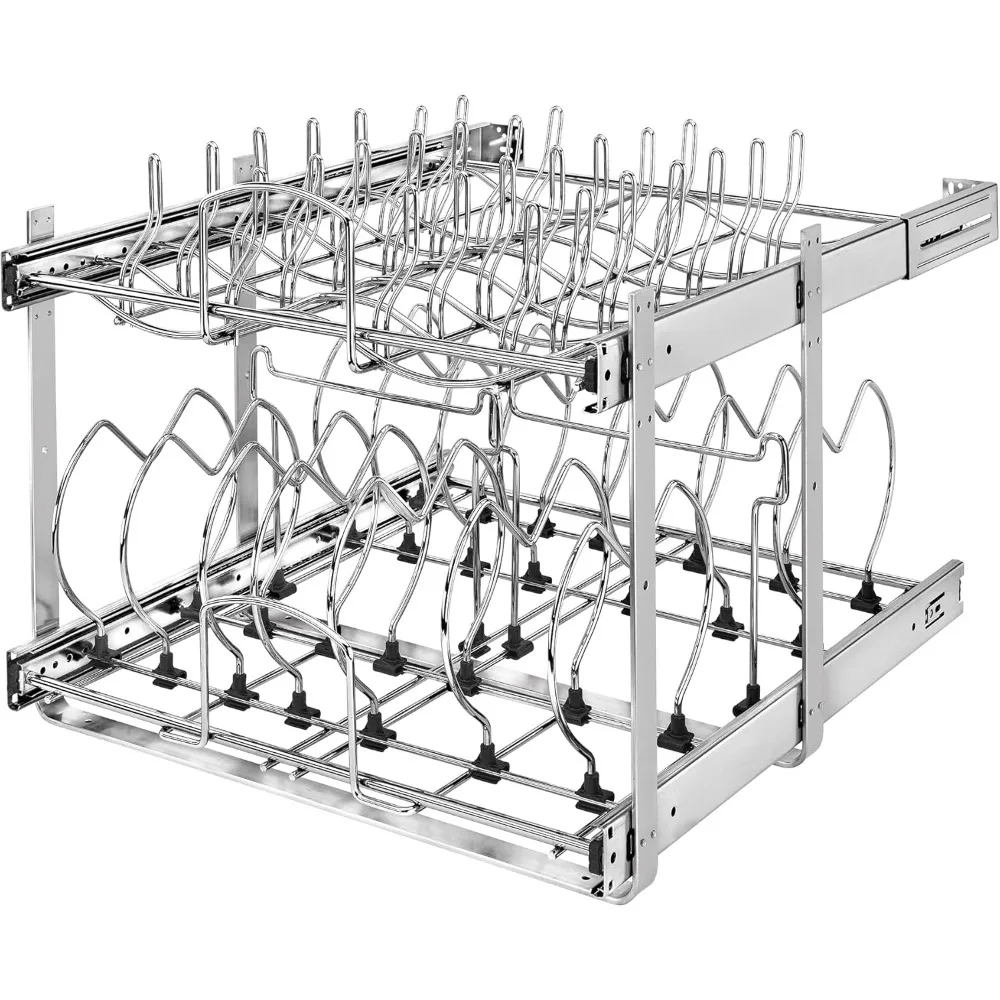 

Двухуровневый выдвижной органайзер для кухонного шкафа 20,75 дюйма, для кастрюль, сковородок и крышек, регулируемый, усиленный проволочный, для тяжелых нагрузок