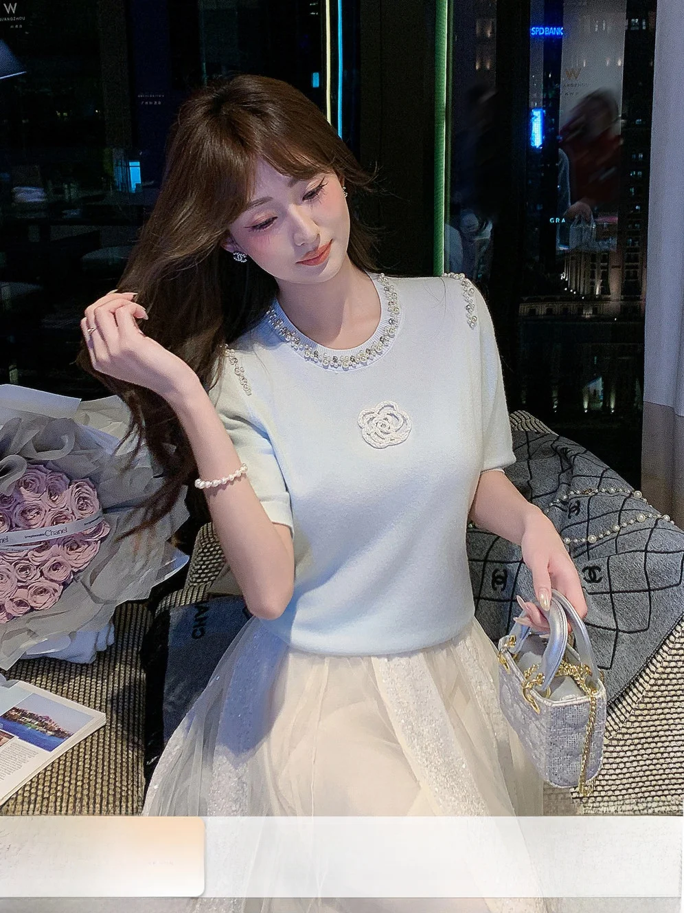 

Exquisite ort Sve Women's Knitted Sweater with Embedded Diamo Heavy Work French Sle round Ne Top for Spring