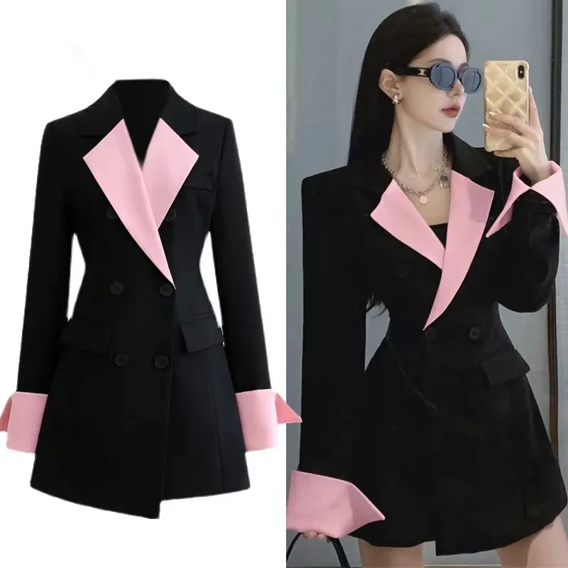 

Fashion Pink Black Hit Color Patchwork Double-Breasted Suit Coat Autumn Women Notched Collar Long Sleeve Office Blazer Outwear