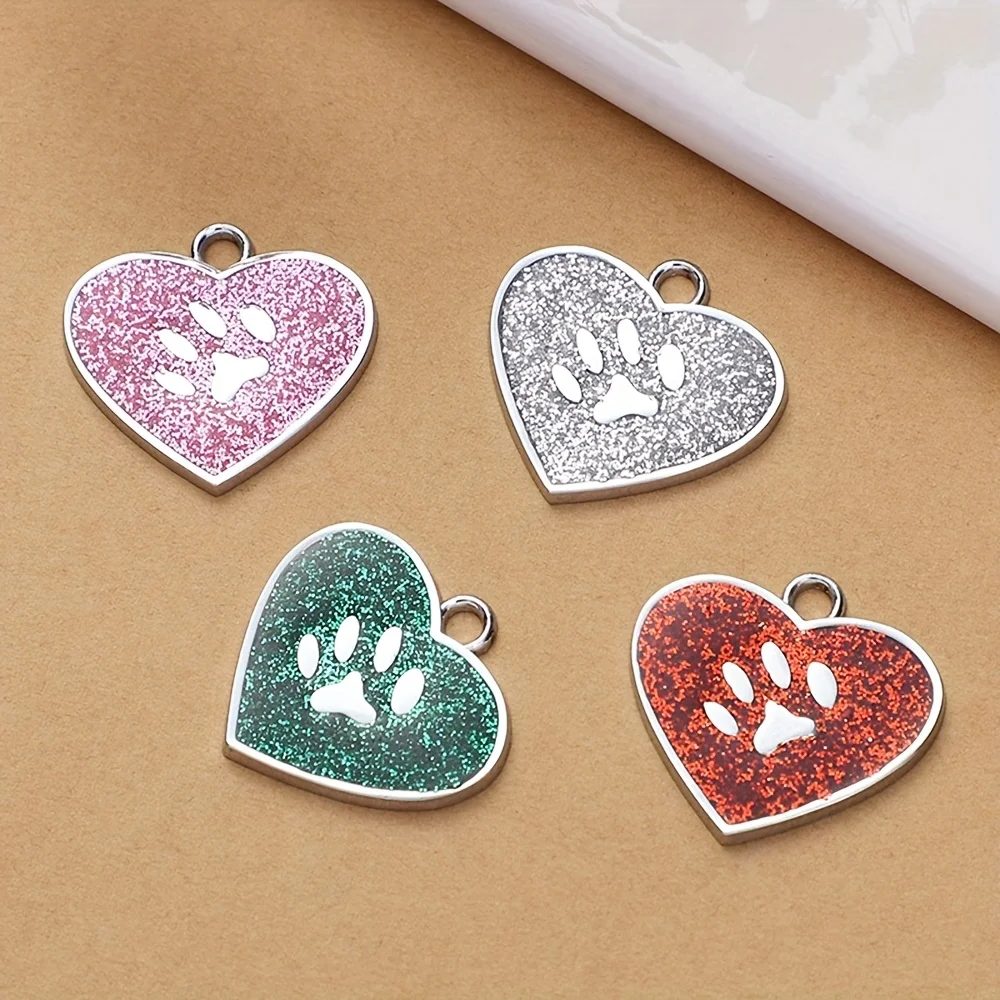 7 قطع من علامات تعريف الحيوانات الأليفة على شكل قلب من سبائك الزنك مع طباعة مخالب لامعة - لوحات أسماء ملونة لطيفة على شكل كلب قطة، قابلة للغسل في الغسالة