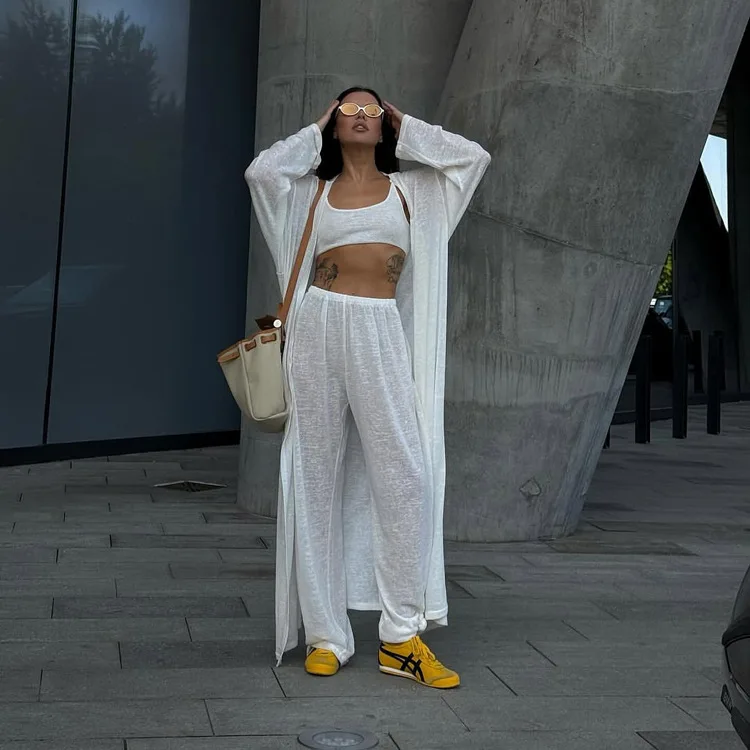 

Fashion Loose White 3 Pieces Set Woman 2026 Elegant Long Sleeve Robes + Crop Top With High Waist Wide Pants Set Female
