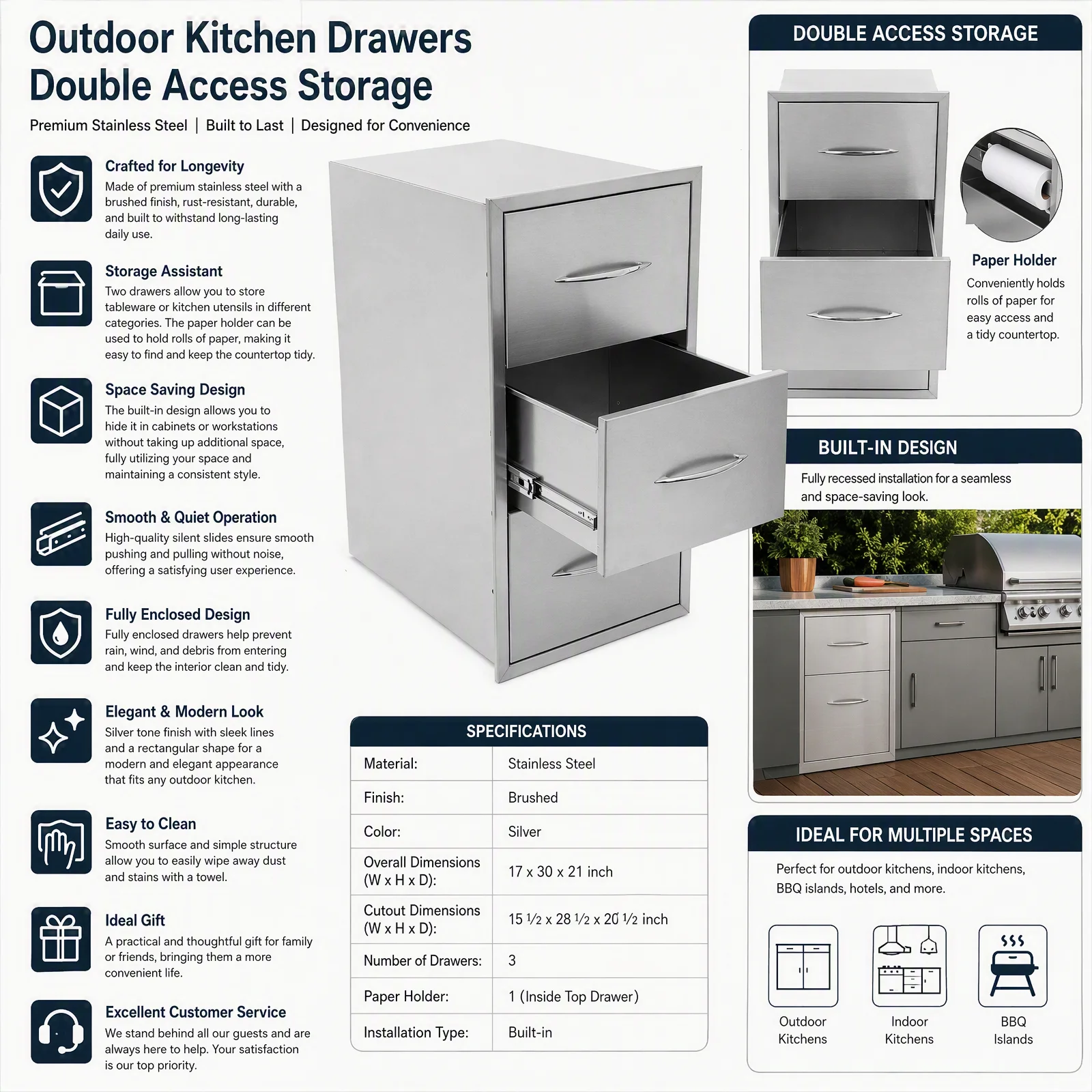 Outdoor Kitchen Drawer 2-Tier Stainless Steel, BBQ Island Storage Drawer with Paper Holder & Soft-Close Slides, Built-In Cabinet Drawer for Patio BBQ Station, Silver