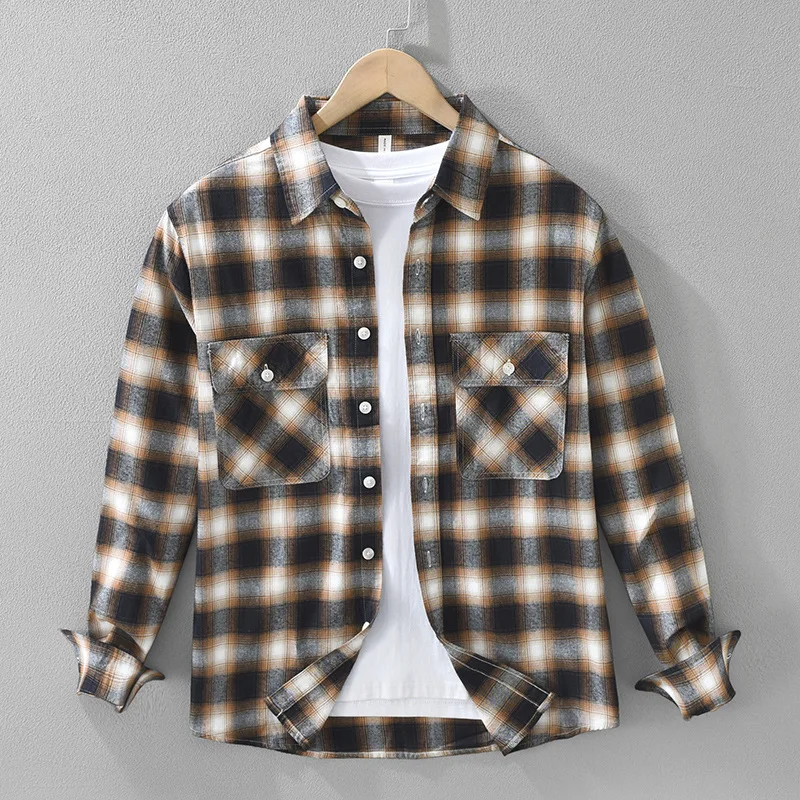 

Мужская винтажная рубашка в клетку, с длинным рукавом, повседневная рабочая одежда, с отложным воротником, двумя карманами, из чистого хлопка, рубашка-куртка