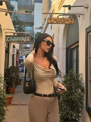 Women's Low Cut Collar Slim Fit Sexy Long Sleeved Spicy Girl Streetwear Top 2024 Spring Autumn Nightclub Women's T-shirt