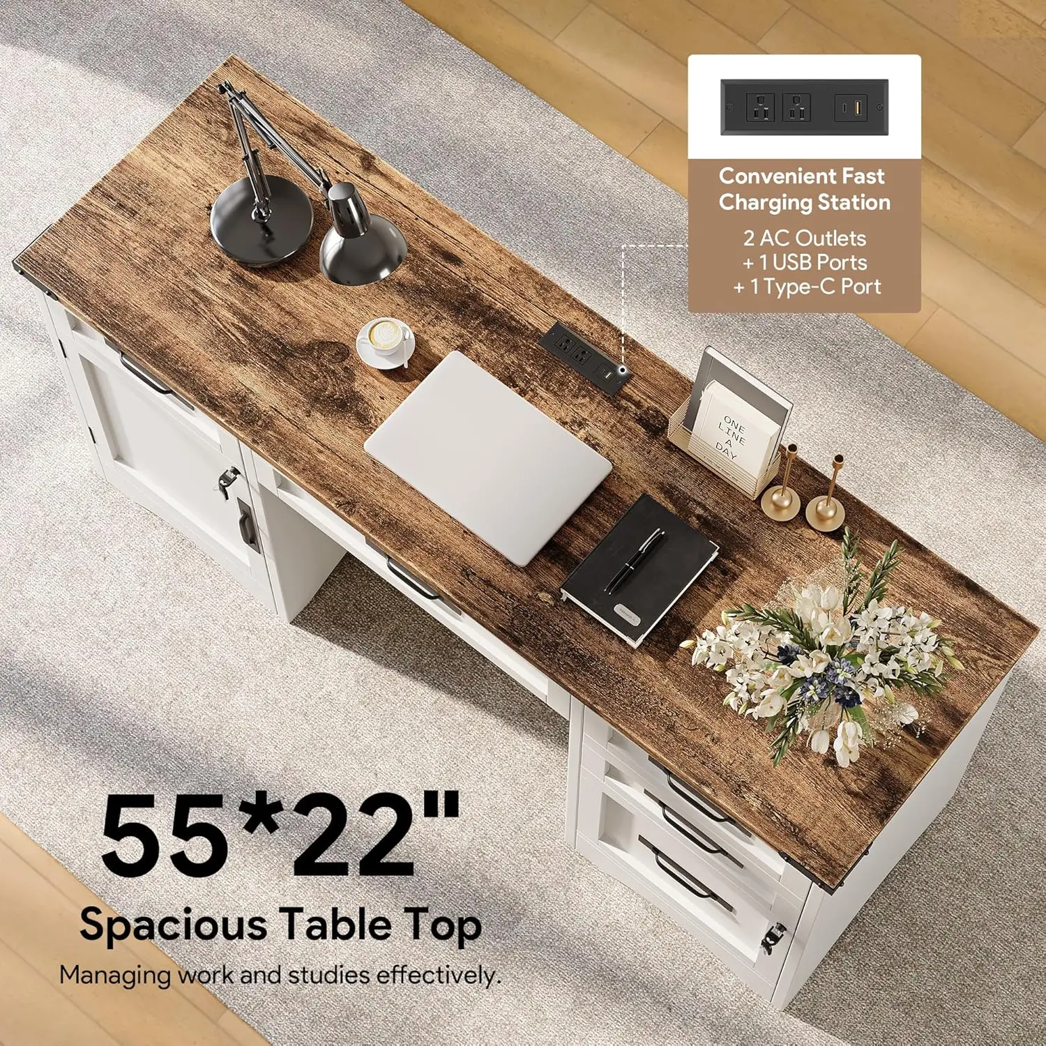 [New Arrival!]Farmhouse Executive Desk with Drawers, 55" Home Office Desks with Fast Charging Station, Lockable File Cabinet, Wo