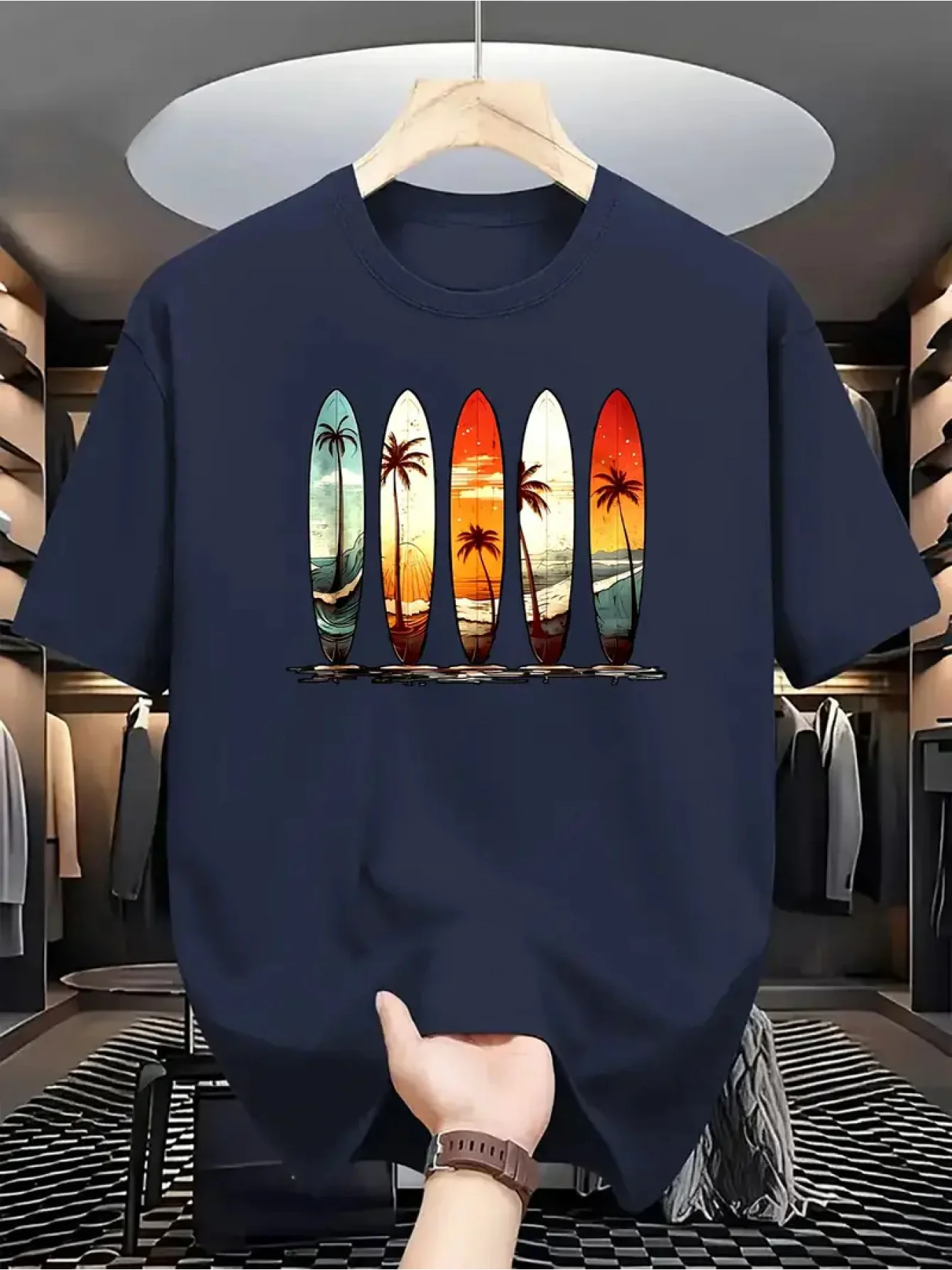 Retro Sunset Surfboard and Palm Tree Print on Premium Soft 100% Cotton Mens T Shirt Perfect for Summer Beach Casual Style