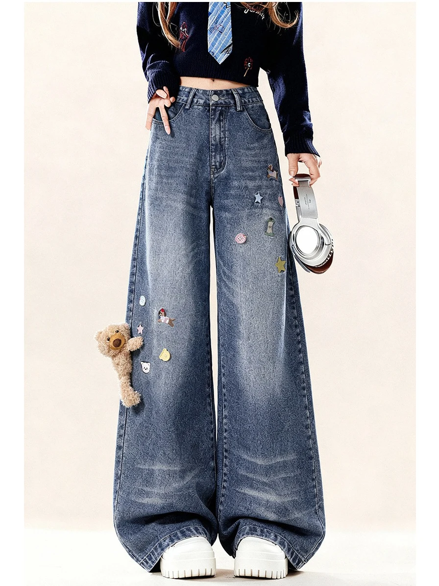 

American Style Vintage Bear Denim Jeans Women Loose Wide Leg Pants Spring New Cartoon Print Design Casual Natural Waist Jeans