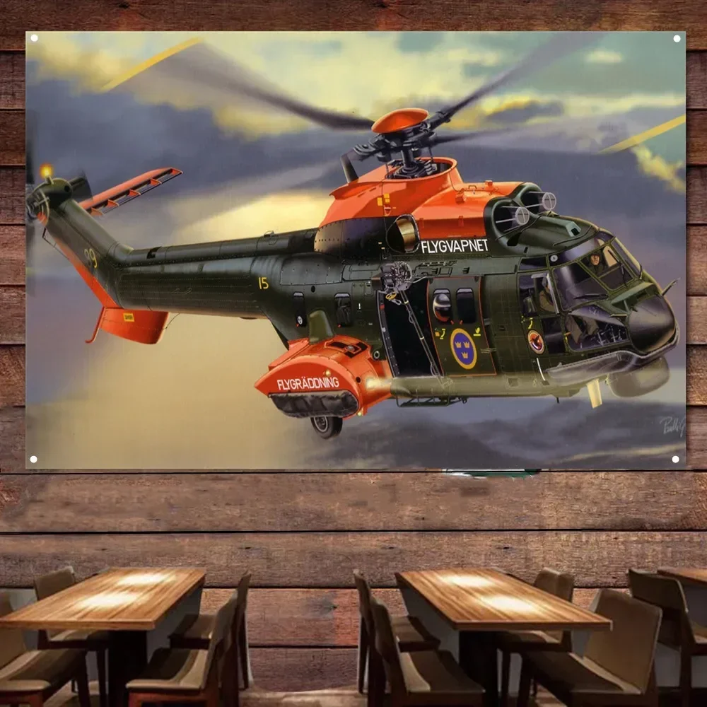 AS 532 Cougar Attack Helicopter Poster Wall Chart - Military Art Banner - Air Force Army Fans Wall Hanging Flag Canvas Painting