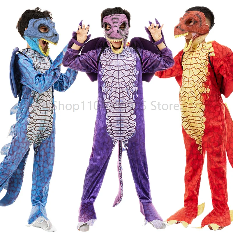 

New Arrival Red Dragon Fire Performance Dress Up Jumpsuit With Mask Blue Dragon Costume For Children Christmas Gifts