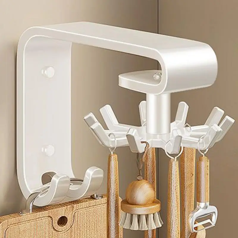 

360 Rotating Stainless Steel Under Cabinet Hooks, No Drill Adhesive Space Saving Kitchen Utensil Holder Storage Rack