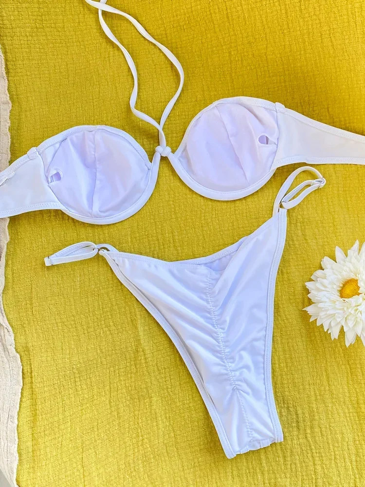 Push Up Bikinis Solid Color Swimsuit Women Halter Swimwear Sexy Bathing Suits Two Piece Bikini Micro Thong 2024 Swimsuits