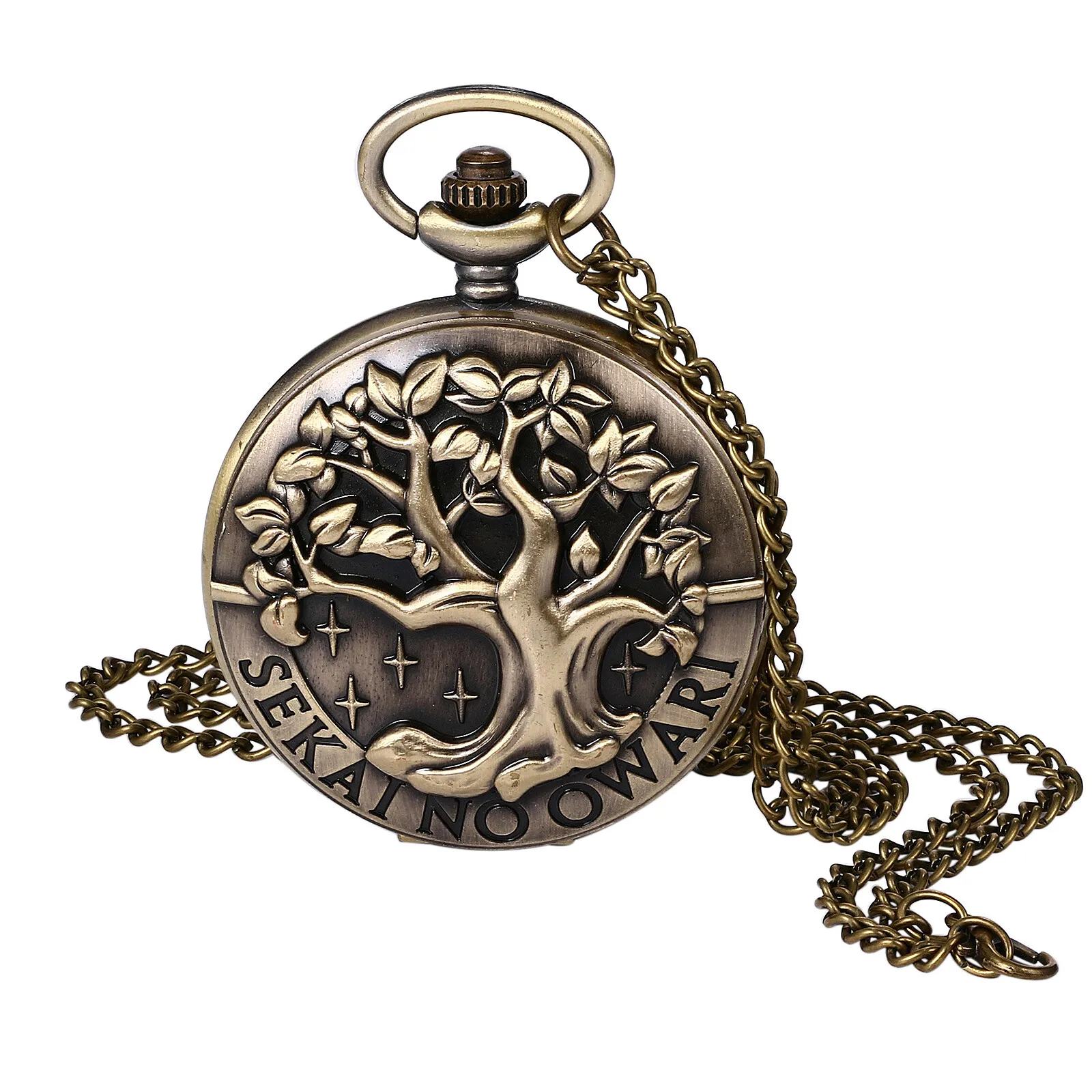 Collier montre de poche vintage en bronze avec arbre de vie 3D en quartz pour hommes et femmes