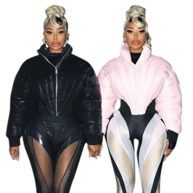 Vestes bouffantes à épaules larges pour femmes, vêtements d'extérieur, mode marron, taille haute, manteaux Slim, couleur unie, col montant court, vêtements chauds pour femmes