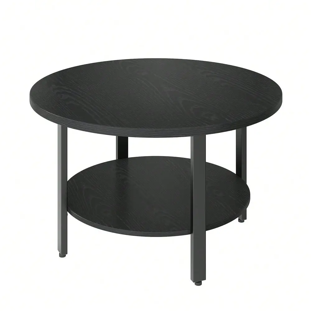 Wood Grain 2Tier Round Coffee Table, Modern HeavyDuty Metal Legs Center Cocktail Table With Open Storage Shelf, Minimalist Circ