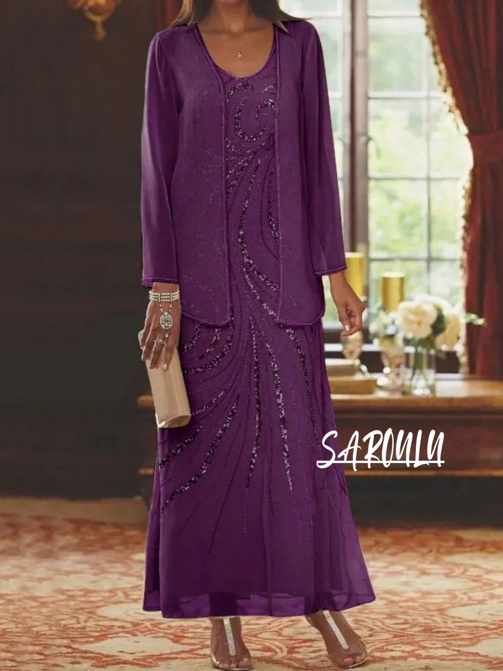 

Chiffon 2-pieces Evening Dress Dubai Colorful Party Women Prom Dress Shiny Ankle-length Customized Classic Long Sleeves Gown