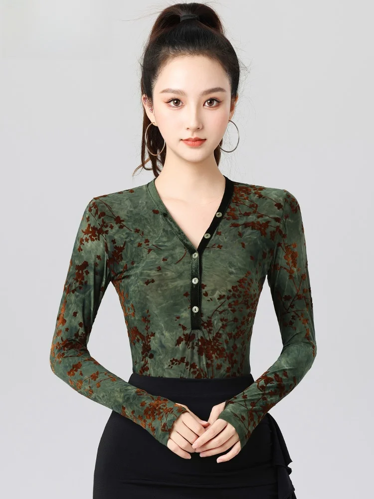 Modern Dance Velvet Jumpsuit Women's Sexy V-ne High-end Long Sve Practice Suit for Stand Dance Latin Dance