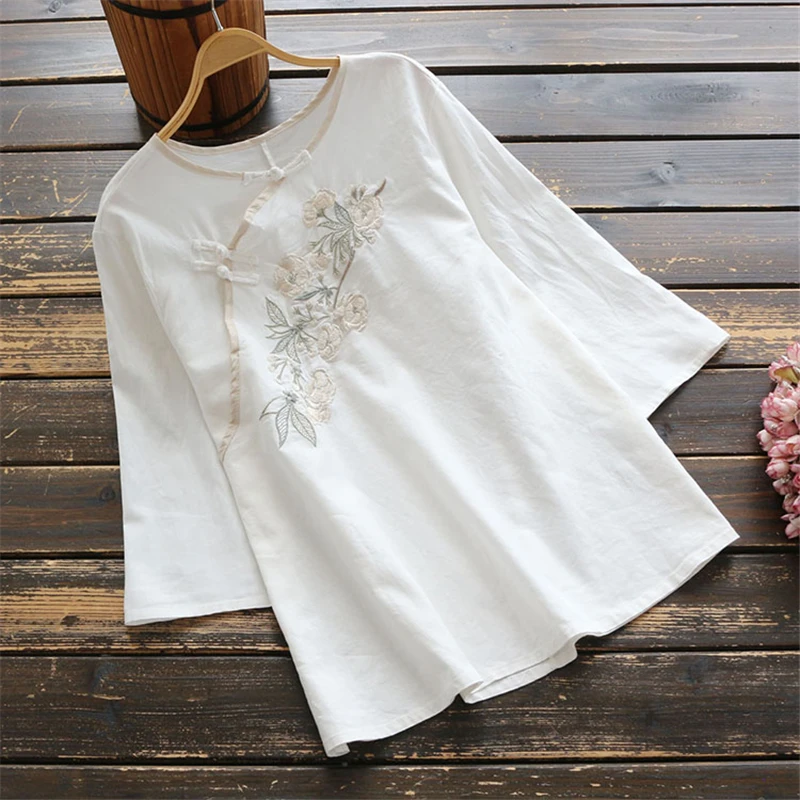 2025 Traditional Chinese Shirt Cotton Chinese Style Tops Retro Folk Tea Clothing Flower Print Blouses Women Daily Chiffon Blouse