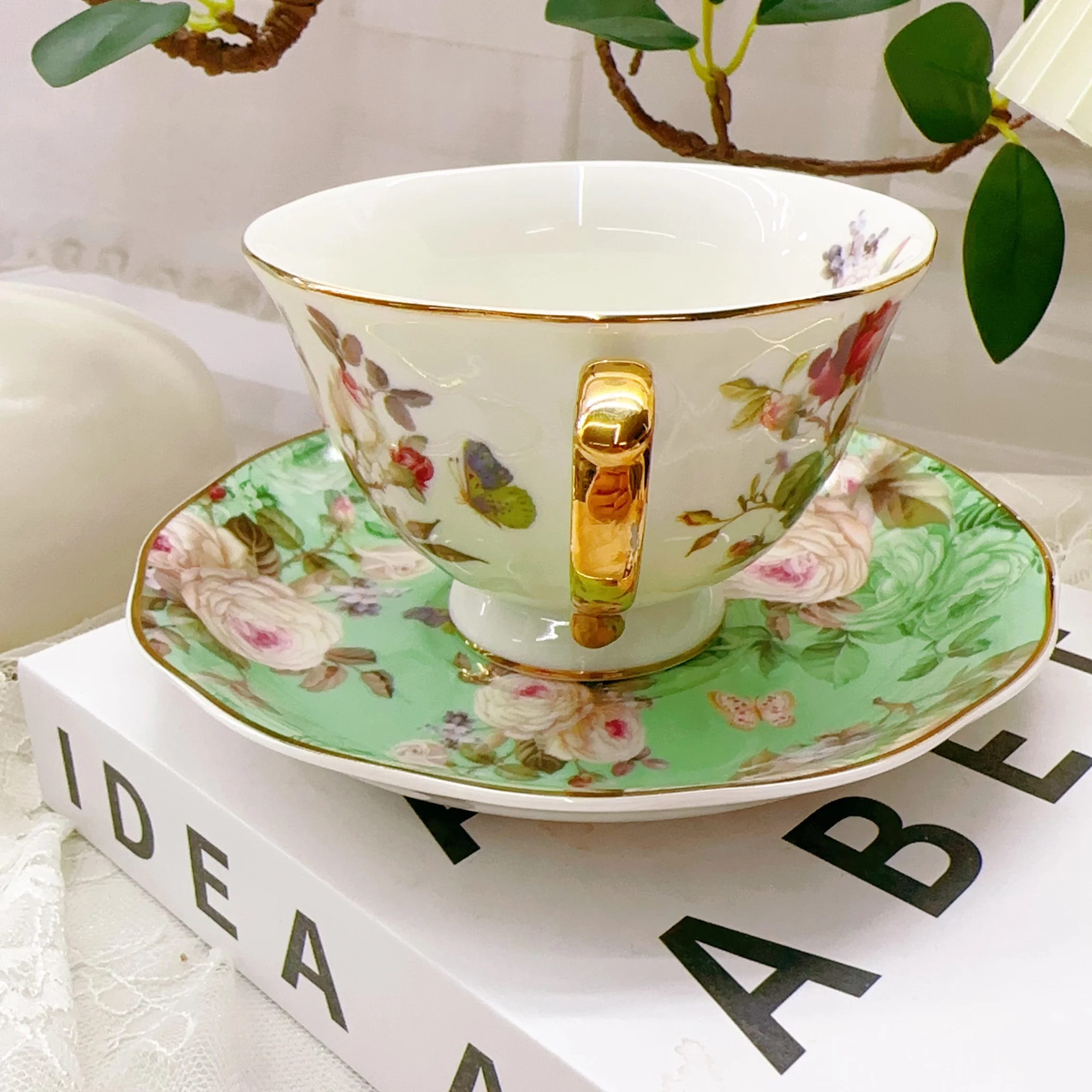 European Style Exquisite Camellia Cup Plate Ceramic Coffee Cup Plate Afternoon Tea Set Gift Box Set 240ml