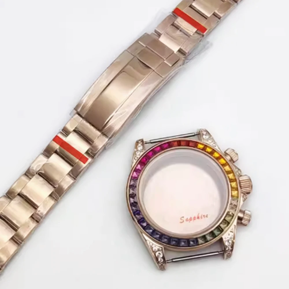 جودة عالية 39.5 مللي متر ارتفع الذهب VK63 حافظة جوهرة الحافة لا شعار حافظة + حزام صالح VK63 حركة الياقوت الزجاج