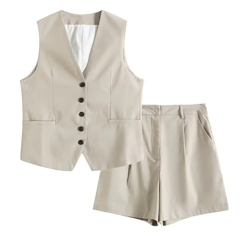 Moda feminina vinatge moda shorts conjunto sólido branco sem mangas colete + bolsos calças femininas duas peças conjunto rua roupa de mujer