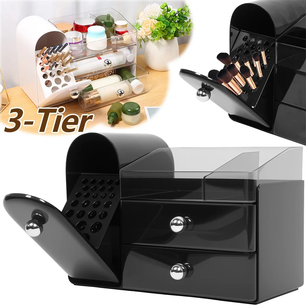 

Трехуровневый органайзер для косметики большой вместимости с держателем для кистей, подставка для хранения на столешницу в ванной комнате для женщин