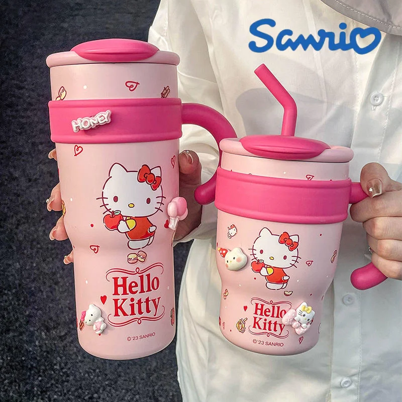 1200ml Sanrio Cute Insulated Water Bottle Hello Kitty Large Capacity Straw Thermos Cup My Melody  Children Cartoon Stainless Cup