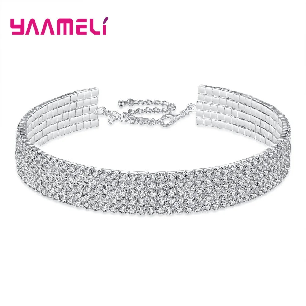 Shining Rhinestone 4 Styles Collar Choker 925 Silver Needle Iced Out Crystal Necklace Charms Statement Luxury Neck Jewelry