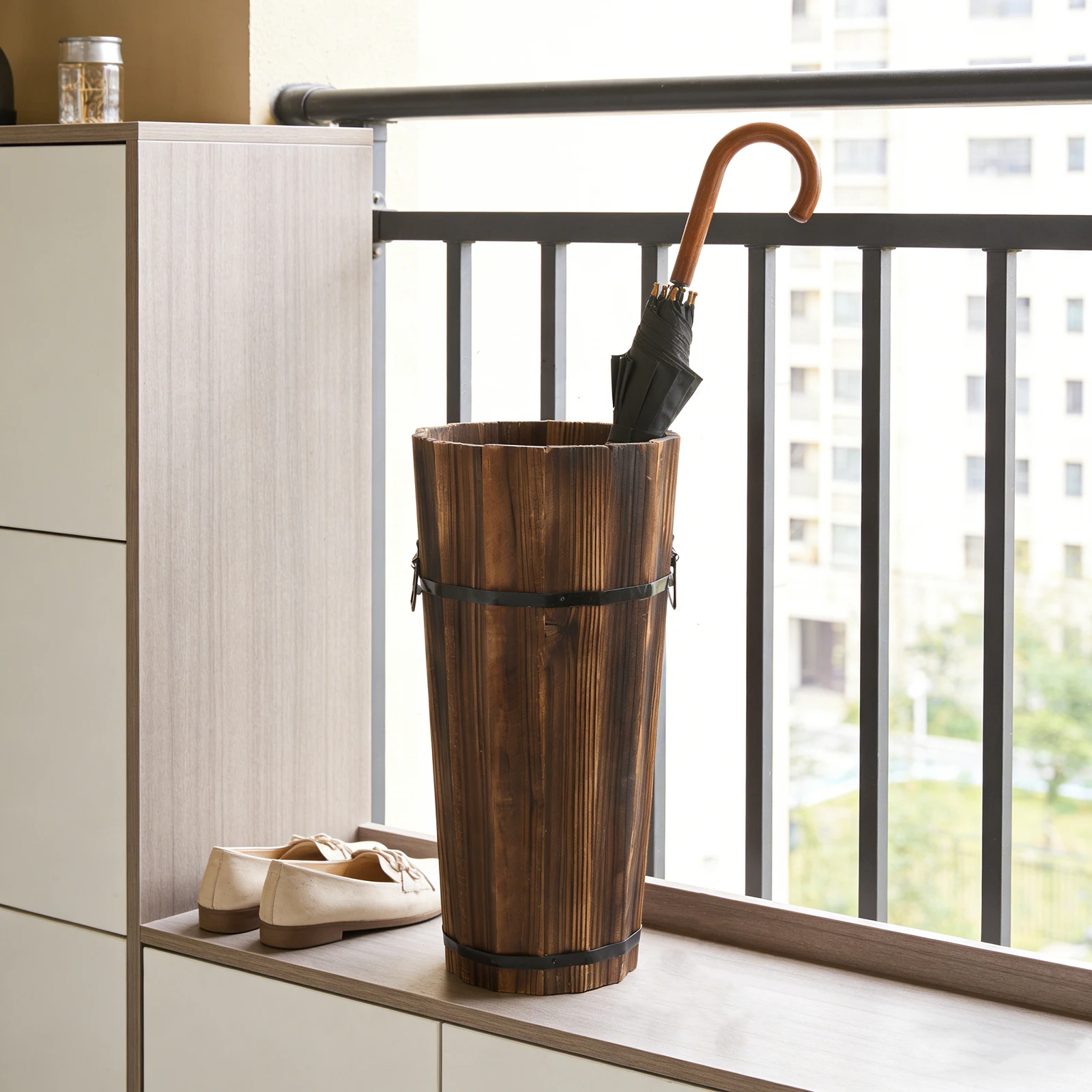 

Wood Umbrella Stand Vintage Style Natural Wood Entryway Organizer Multifunctional Cane Fan Holder Indoor Storage