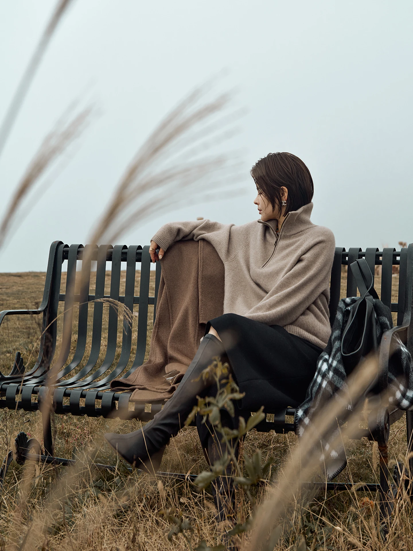 Neuer hochgeschlossener, warmer und einfacher Damenpullover aus 100 % Kaschmir mit halbem Reißverschluss