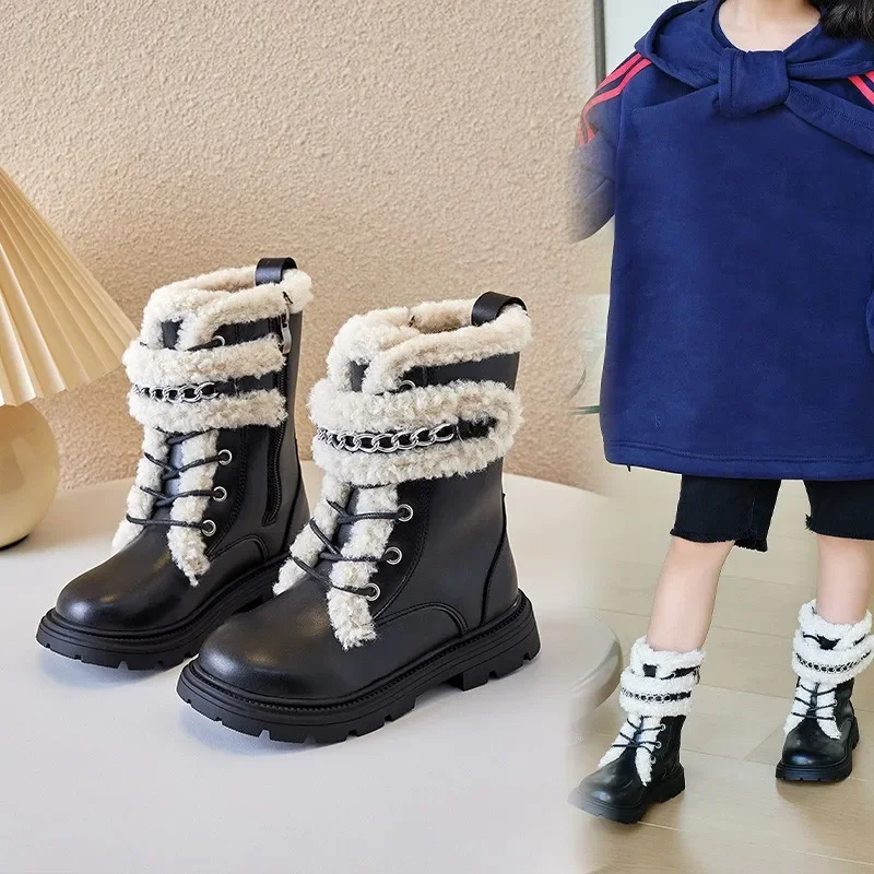 Winter Kids Boots Girl Thick Warm Fur Snow Boots Fashion Non-slip Princess Mid-calf Leather Boots Children Student Casual Shoes