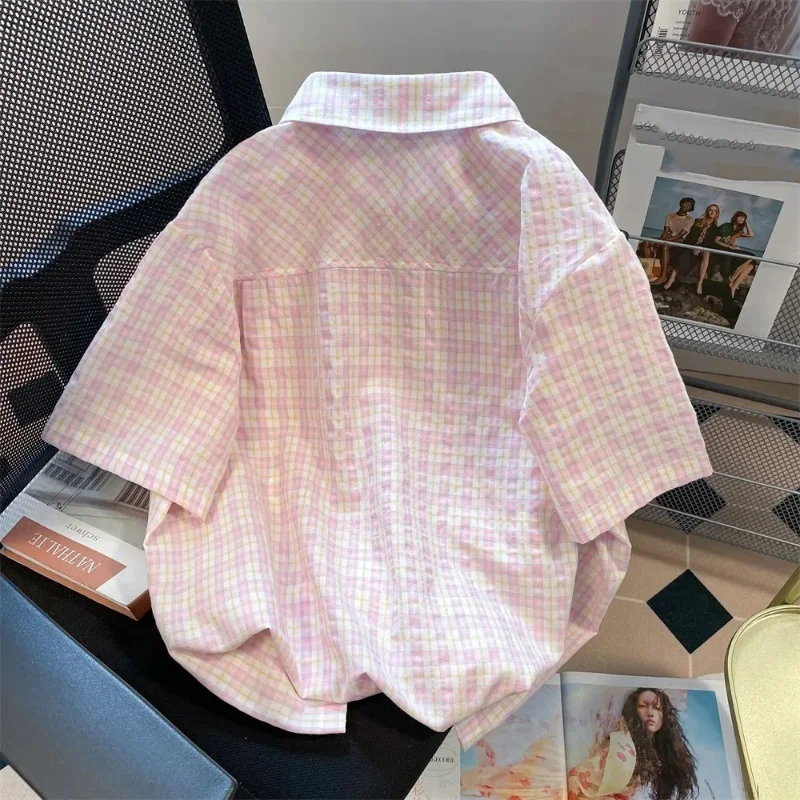 EBAIHUI Women Summer Checkered Shirts Pink Plaid Japanese Casual Wear Blouse Single Breasted Girly Sweety Short Sleeve Blusas