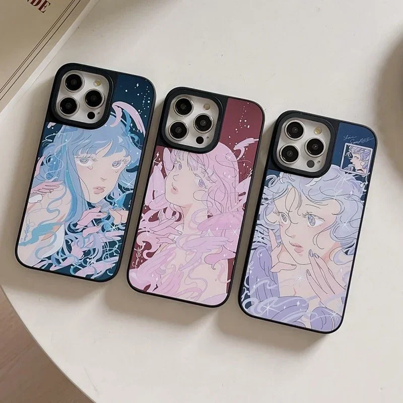 

Anime Girl Black Border Mirror Surface MagSafe Phone Case Cover for iPhone 11 12 13 14 15 Pro Max Case