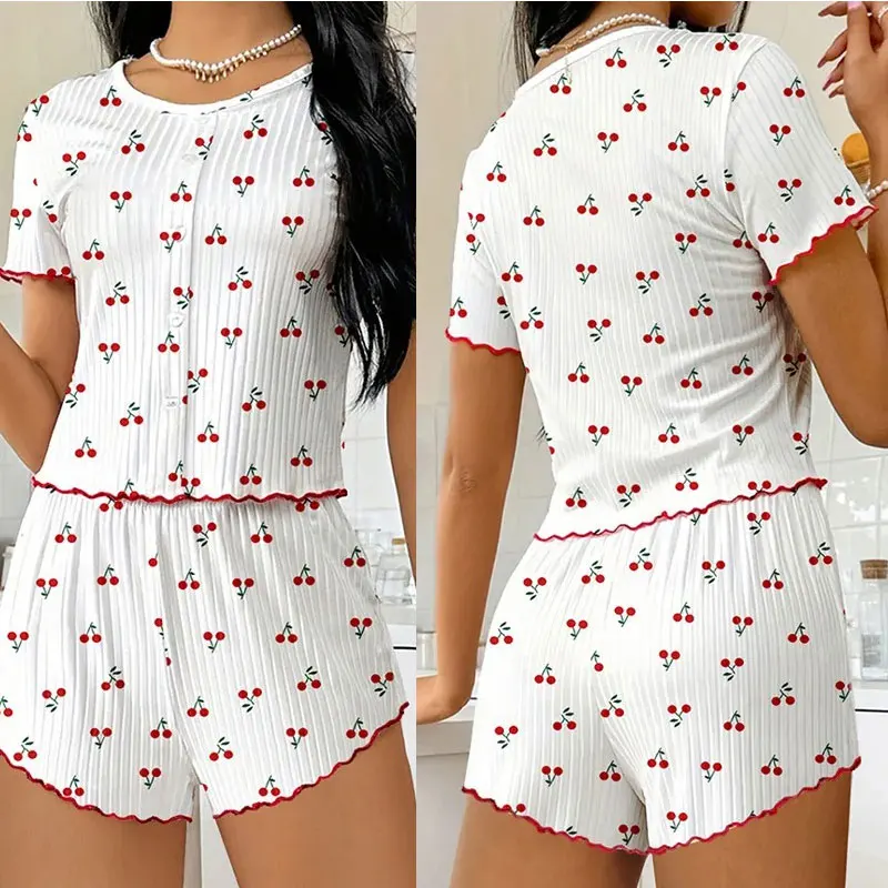

Lace Trim Women Pajama Set Short Sleeve Loungewear Front Button Top & Shorts Cherry Print 2 Pieces Sleepwear Nightwear Homewear