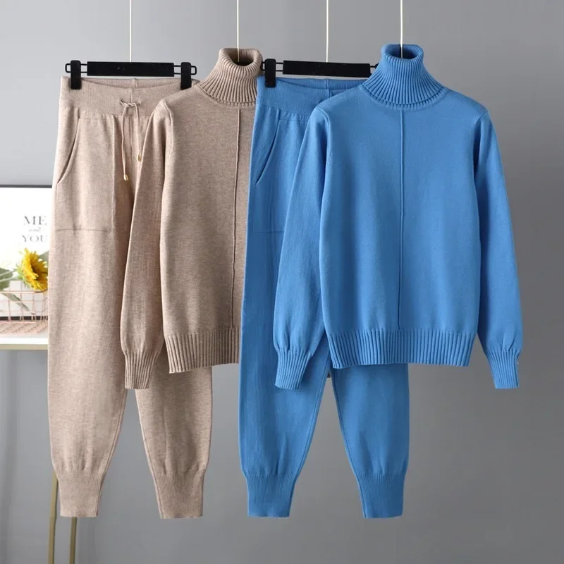 Nouvel ensemble 2 pièces pour femme, haut et pantalon en maille élégante à col montant, pull à manches longues, vêtements décontractés amples pour femme, collection automne-hiver
