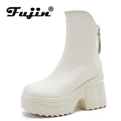 Fujin 10cm Microfiber Synthetic Women ZIP Ankle Motorcycle Platform Booties Autumn Ankle Spring Thick Soled Chunky Heels Shoes