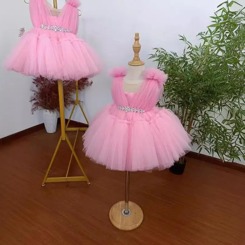 New Children's Host Catwalk Ball Gown Sleeveless Beading Design Wedding Birthday Baptism Party Girls Pink Dress A3703