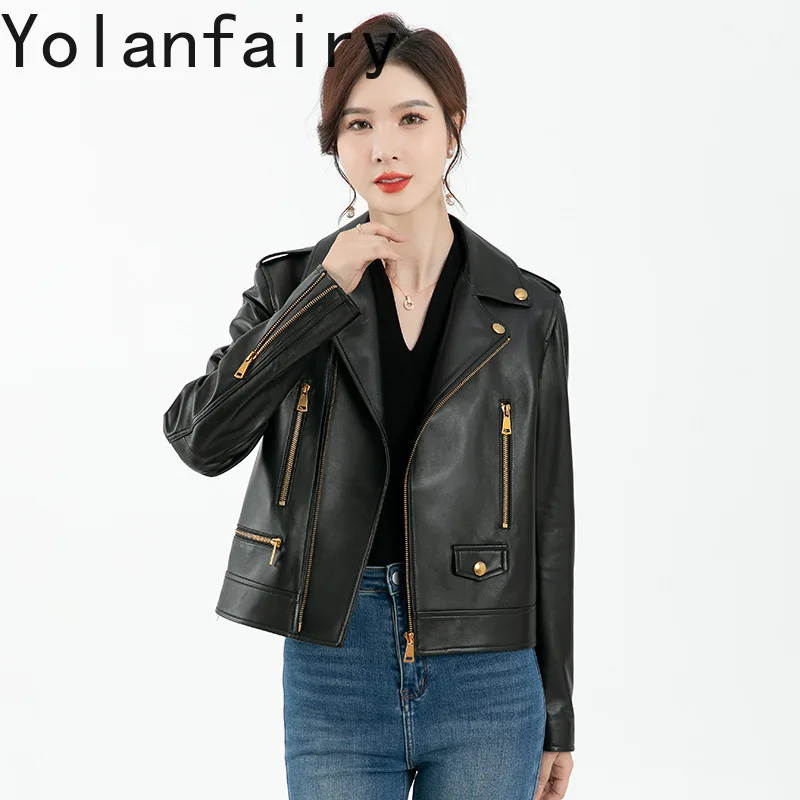 

YOLANFAIRY Genuine Leather Sheepskin Outwears Autumn Short Motorcycle Jacket Slim Fit Women Clothing Fashion Jaqueta Feminina