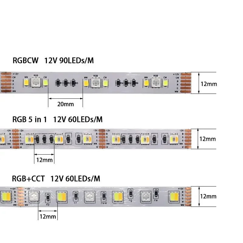 RGBCCT LED 조명 스트립, 12mm SMD5050 + 2835/2IN1/5IN1 RGB + W + CW 60LED/M 90LED/M 방수, 유연한 홀리데이 룸 장식, 1-5M DC12V