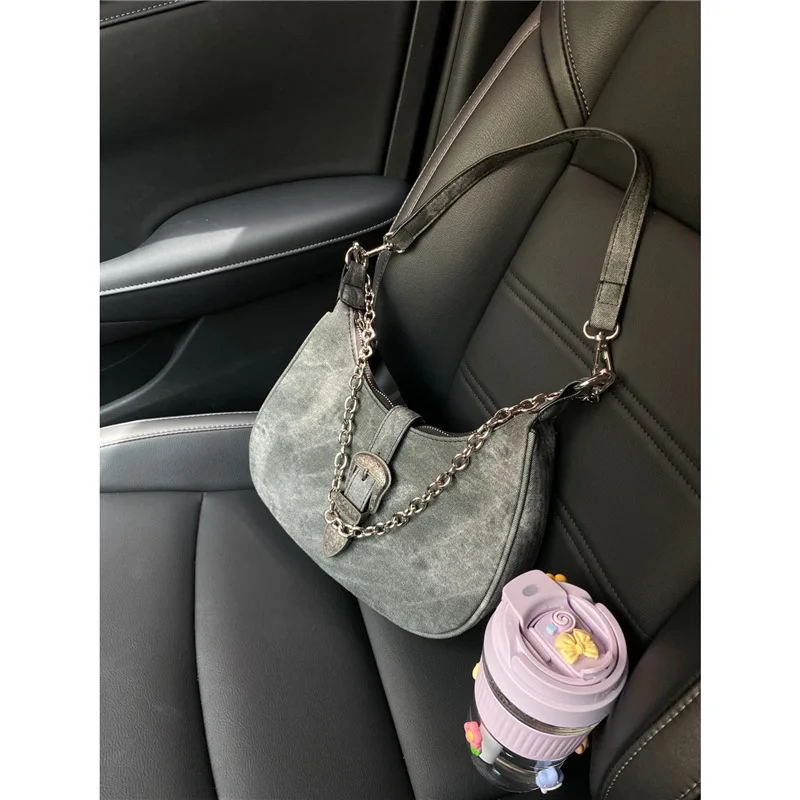 High-end Gray PU Leather Shoulder Bags for Women 2024 New Vintage Hobo Underarm Bags Simple Commuter Chain Handheld Hand Bags