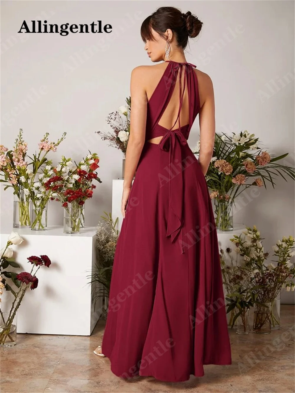 Allingentle Elegant Halter Chiffon Bridesmaid Dress Sleeveless A-line Side Slit Party Prom Gown Floor Length vestidos de noche