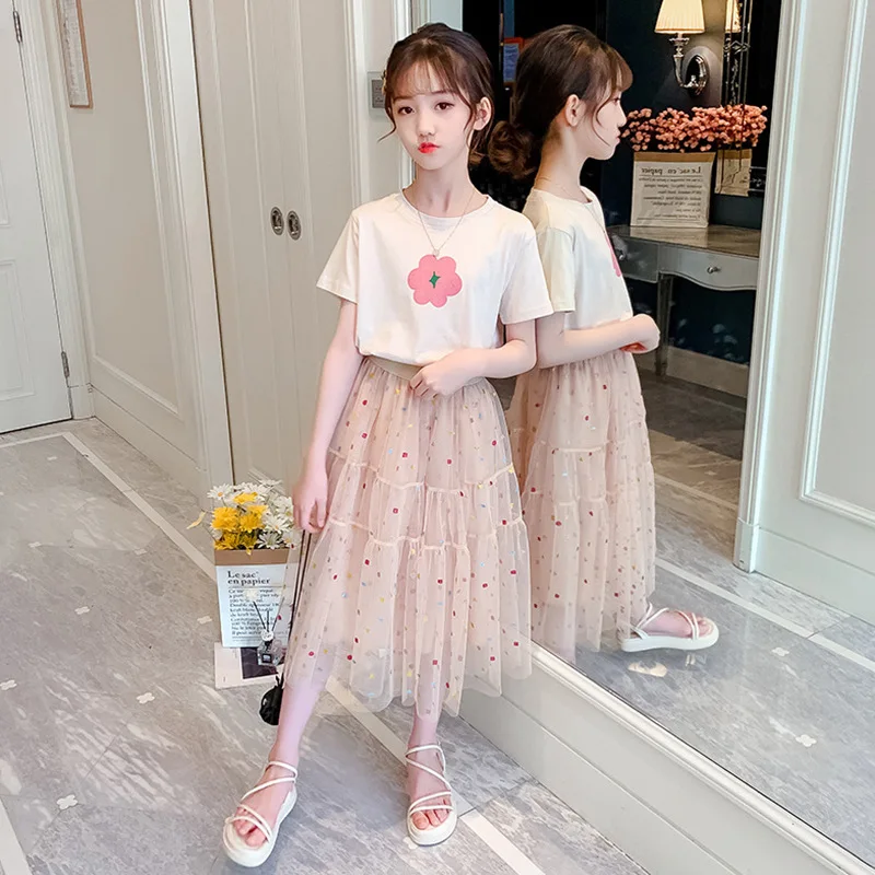 Fashion Girls Dress Summer Kids Outfits T-shirt + Dress 2PCS School Casual Children Short Sleeve Dresses For Girl Teen 4-12 Year