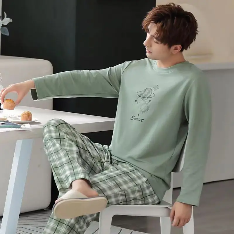 Men Pajamas Long-Sleeved Long Trousers Autumn and Winter Large Size Homewear Two-Piece Set Sleepwear Loungewear Youth Nightwear